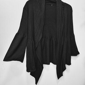Dramatic Silhouette Black Knit Open Cardigan Shawl Collar Bell Sleeves